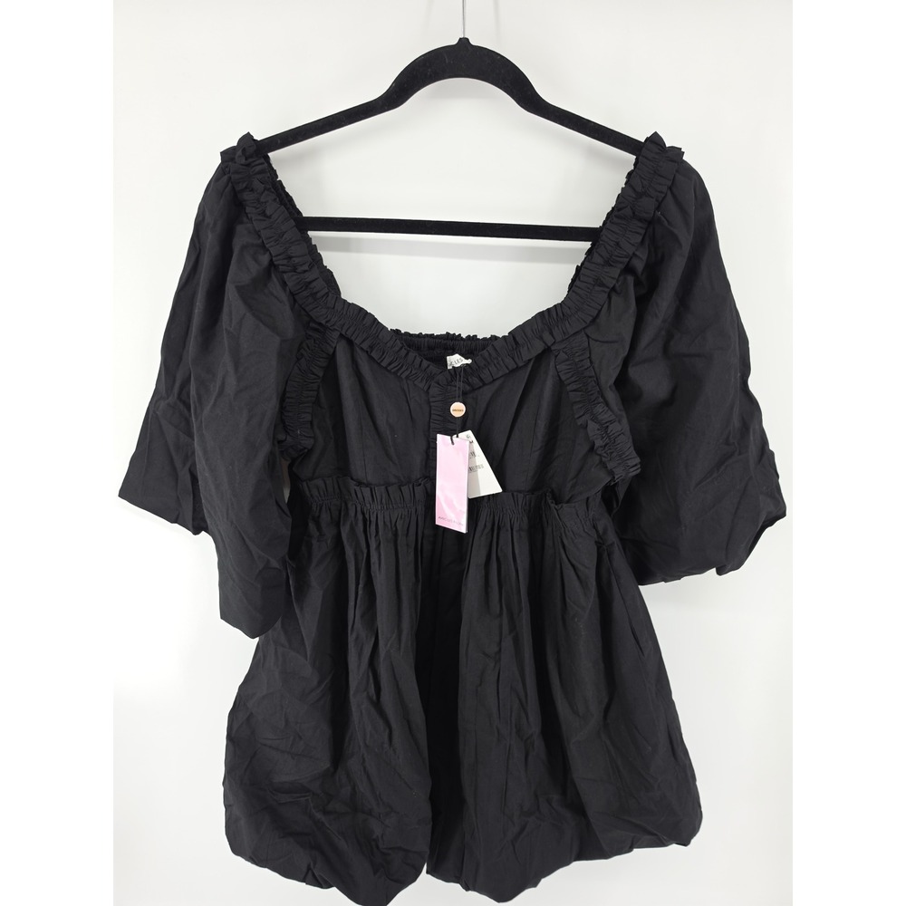 Avec Les Filles Black Cotton Poplin Puff Sleeve Smocked Babydoll Top 84892 L